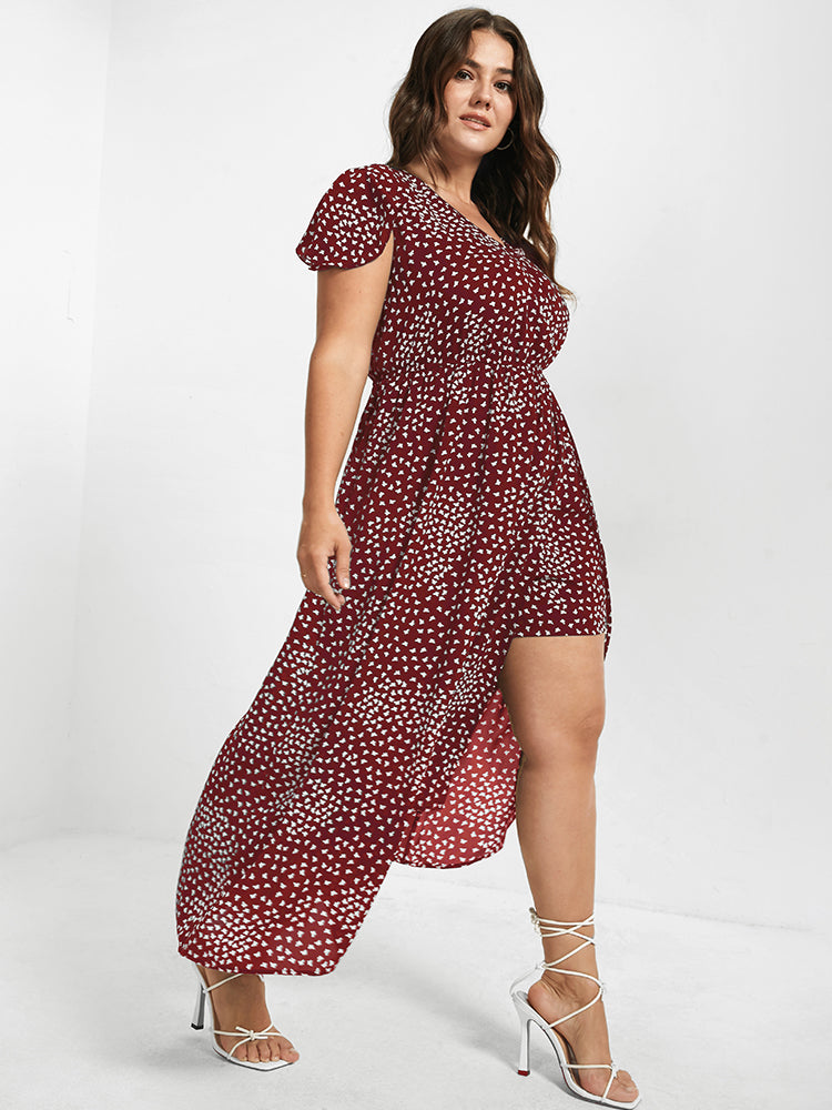 V Neck Butterfly Pattern Split Dress