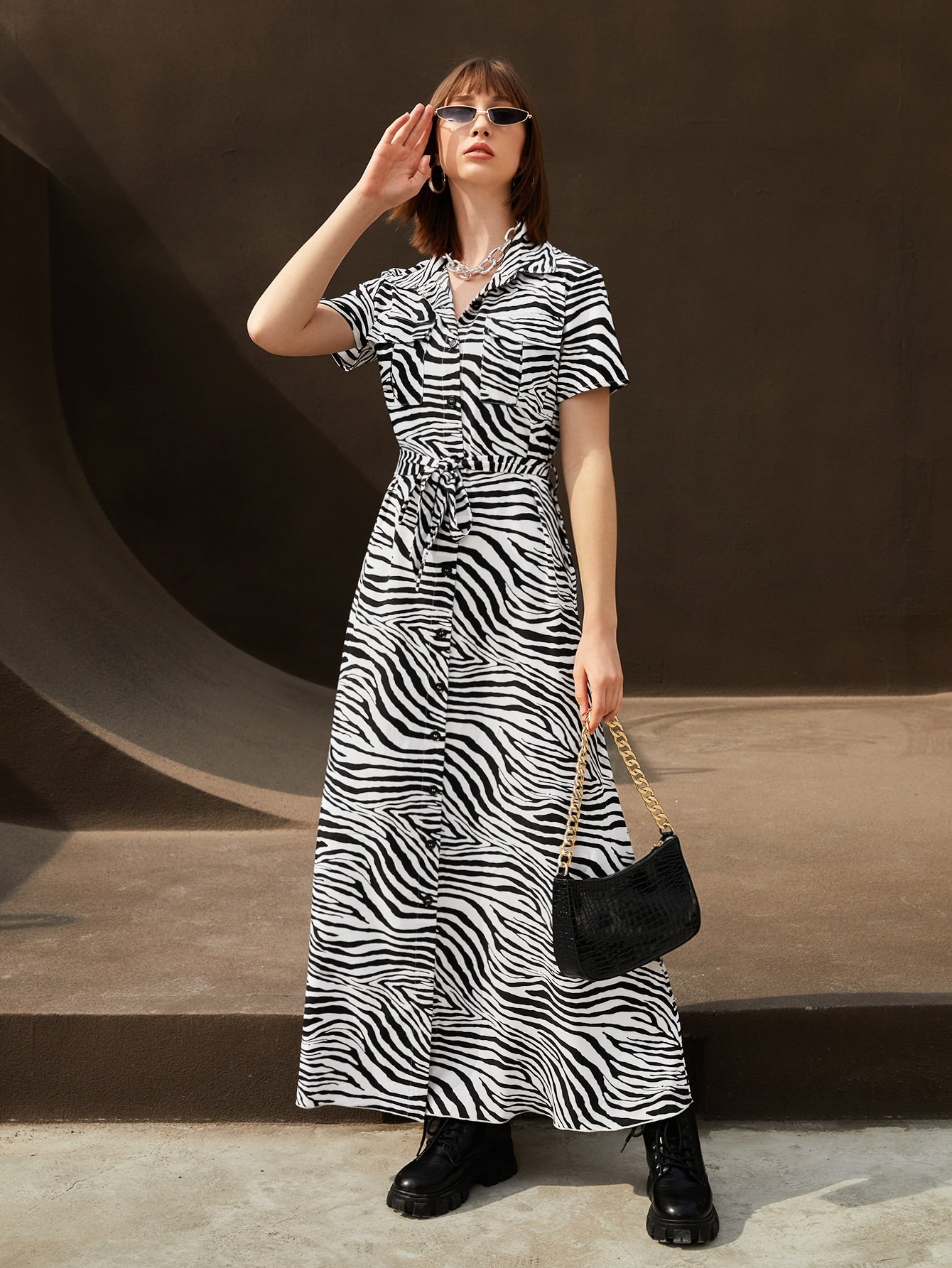 Zebra Stripe Belted Shirt Dress( Clearance sale