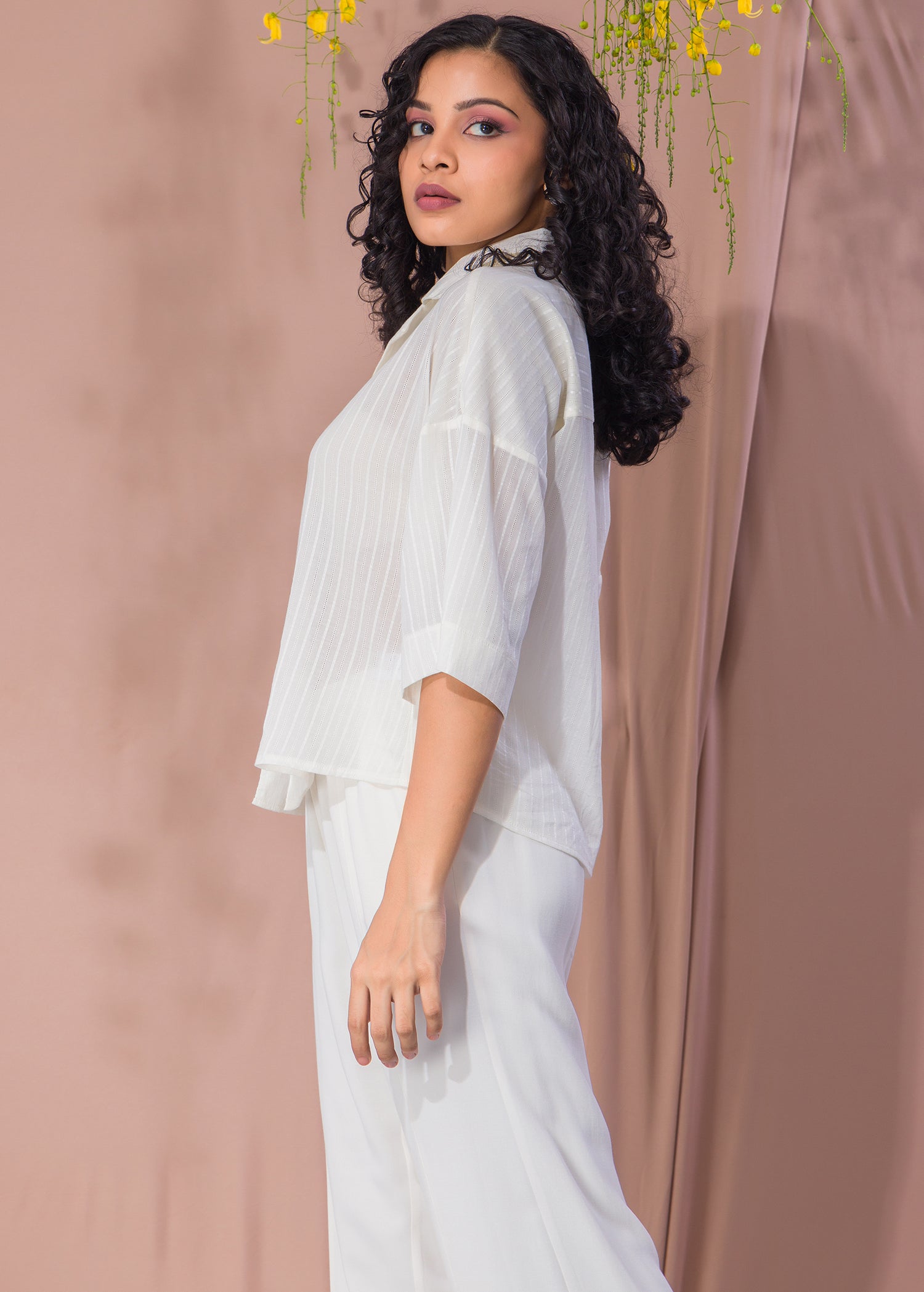 White Drop Shoulder Blouse With Cuban Collar