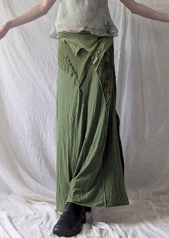 Vintage Green Asymmetrical Side Open Cotton Skirts Summer