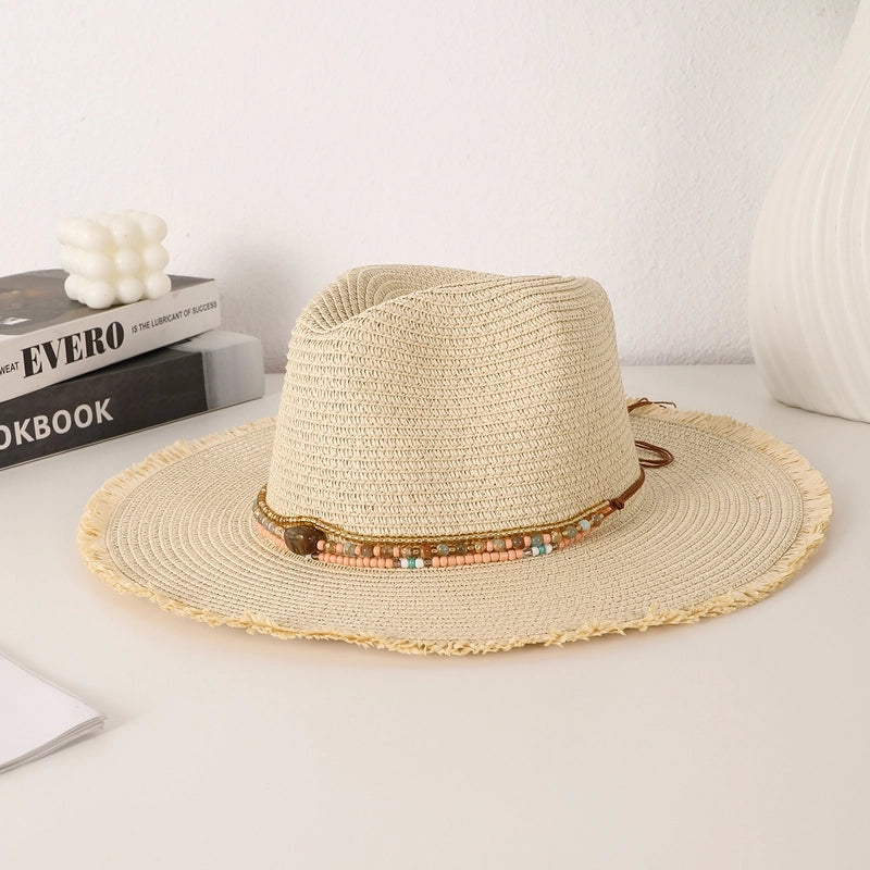 Women's Vacation Beach Solid Color Beaded Straps Wide Eaves Straw Hat