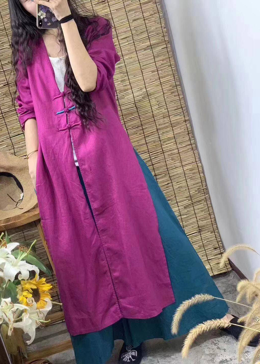 Women Rose V Neck trench Coats And Wide Leg Pants Two Piece Set Fall