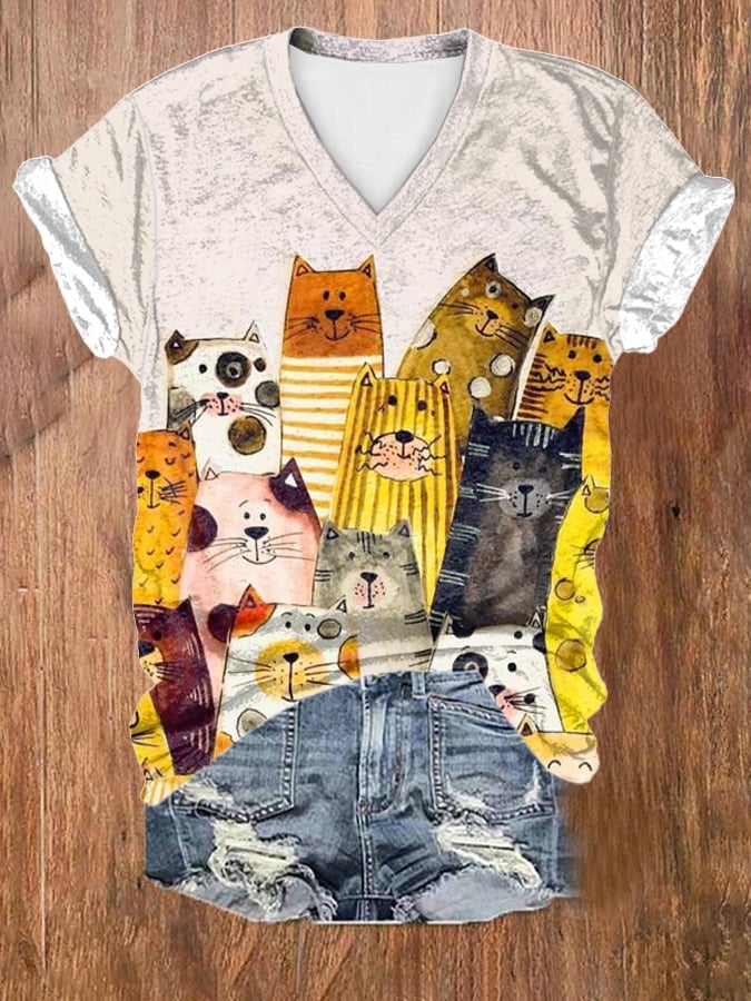Women's Cats Print V Neck T-shirt