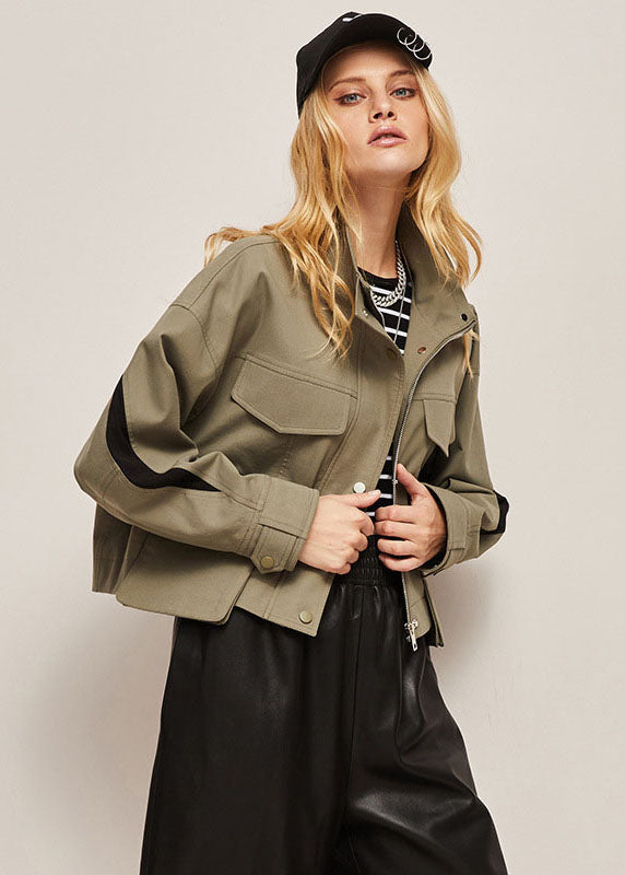 Boutique Khaki Stand Collar Oversized Patchwork Cotton Jacket Spring