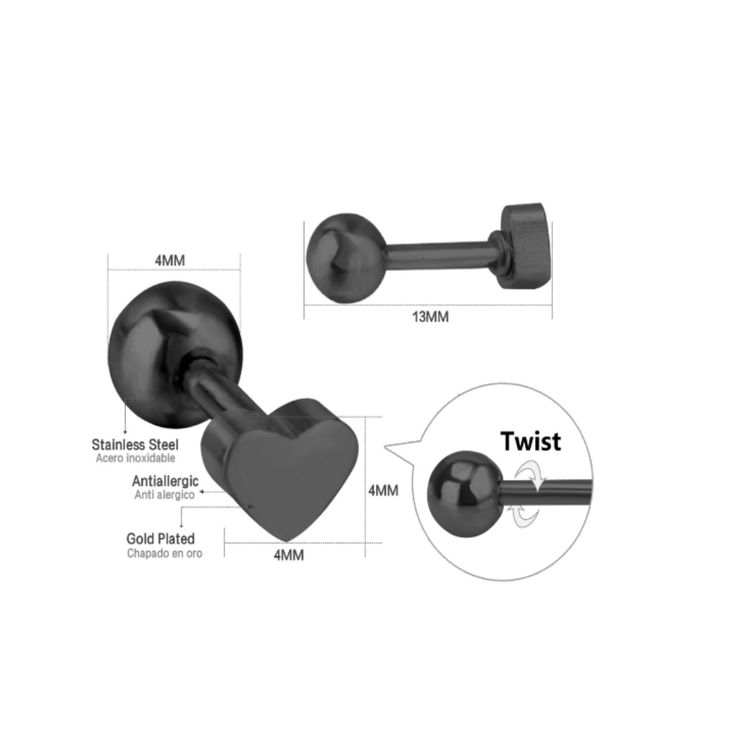 4mm Baby heart studs - Black