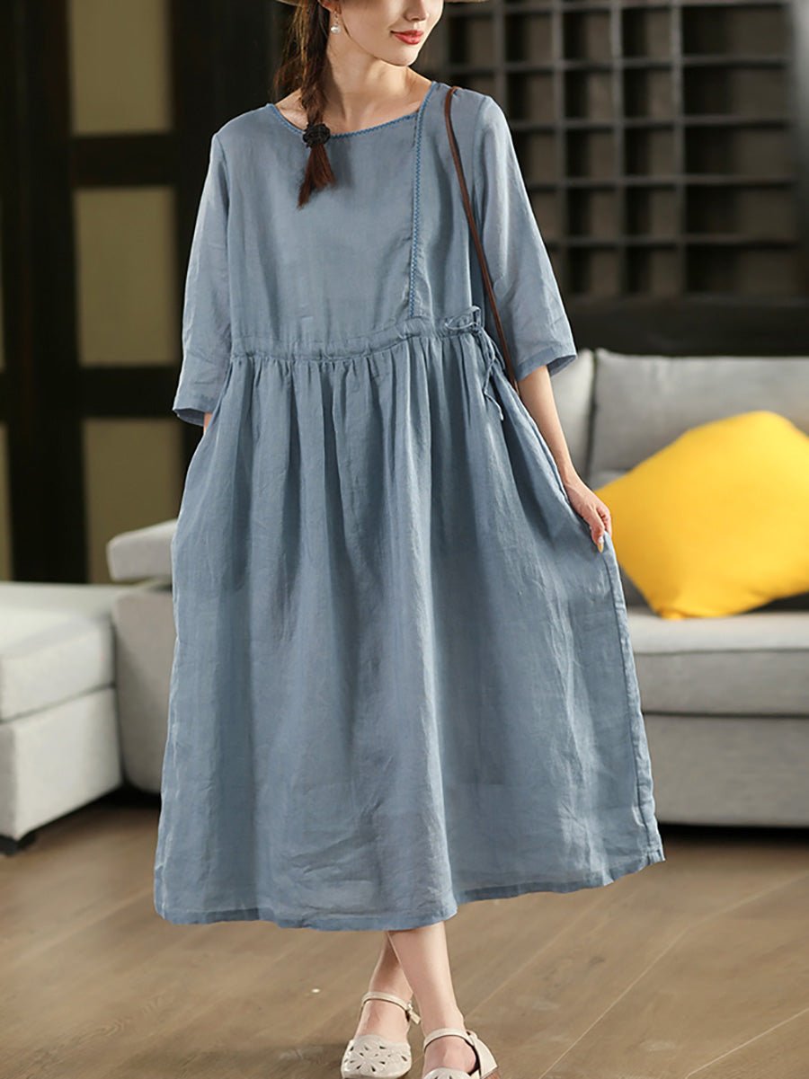 Women Summer Pure Color O-Neck 100%Ramie Dress