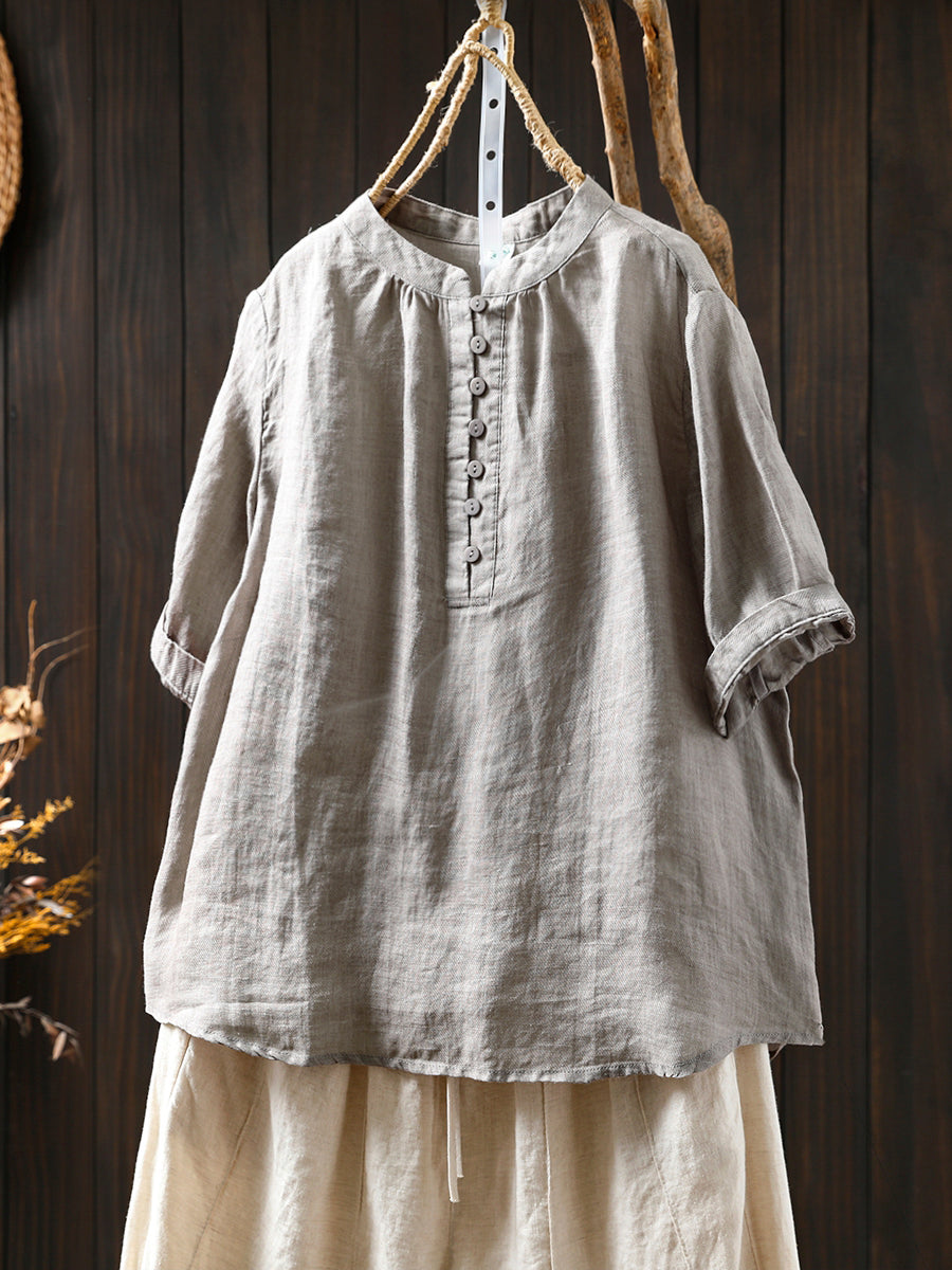 Women Summer Pure Color Stand Collar 100%Ramie Shirt