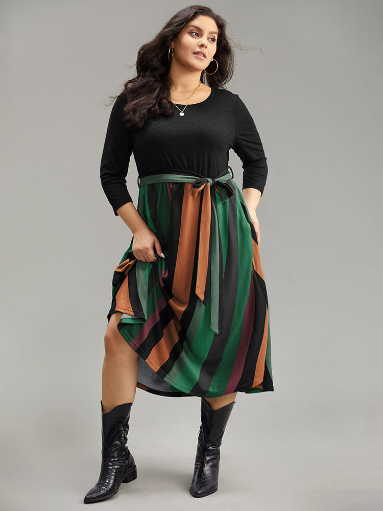 Striped Contrast Patchwork Belted Dress