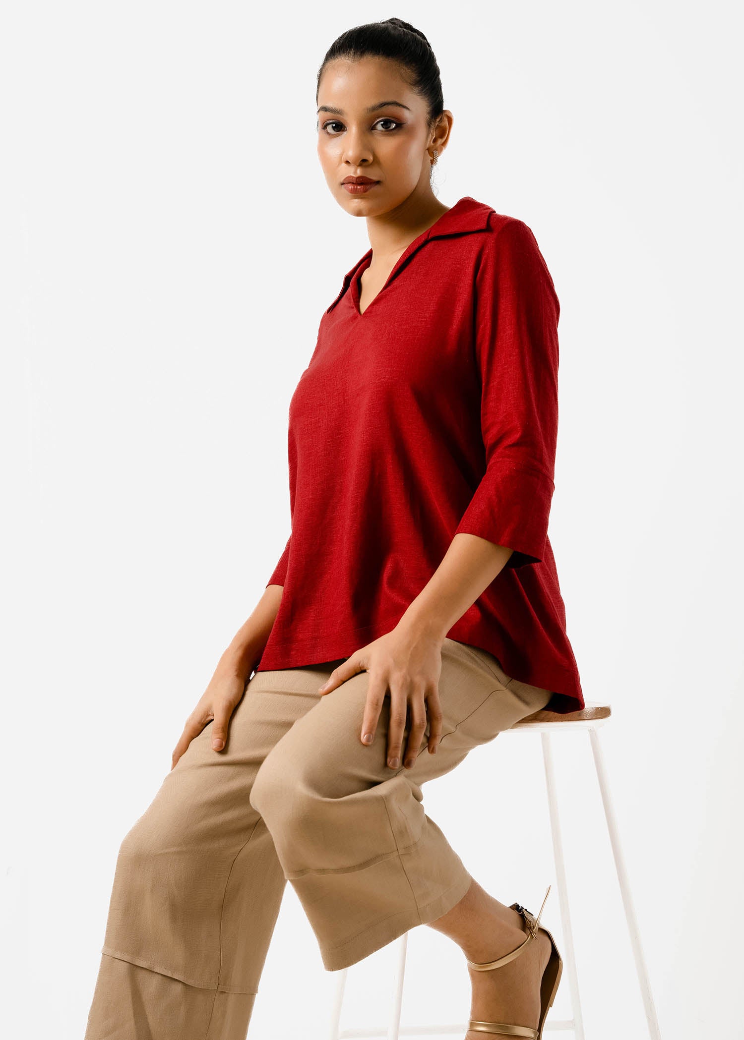 Three Quarter Sleeve Blouse With Collar