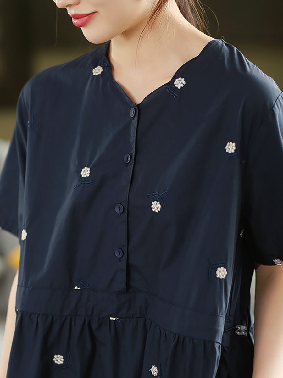 Women Summer Artsy Flower Embroidery V-Neck Cotton Dress