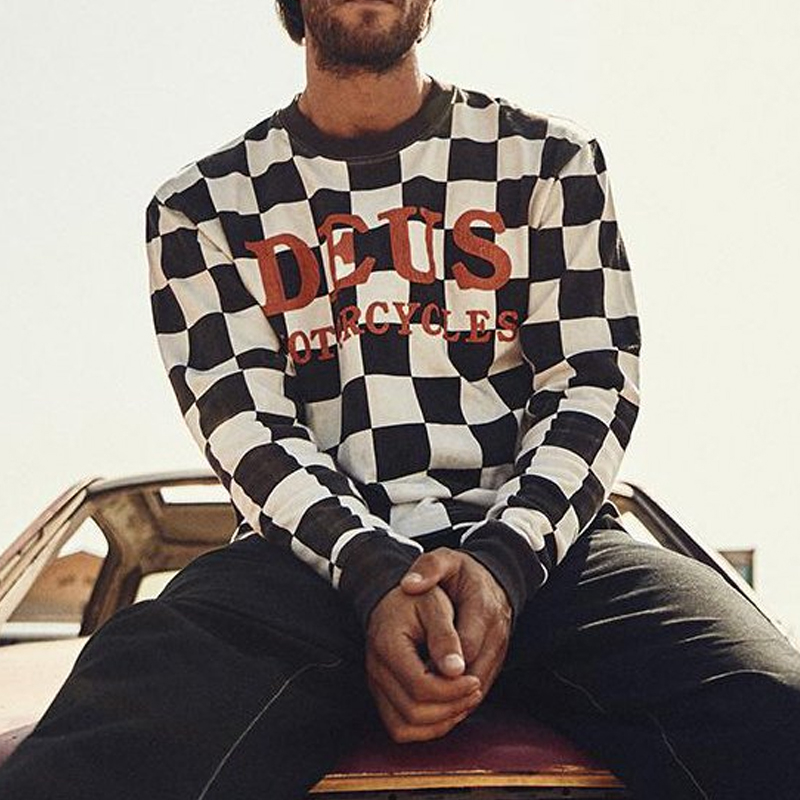 Black and white check motorcycle long-sleeved Casual T-shirt