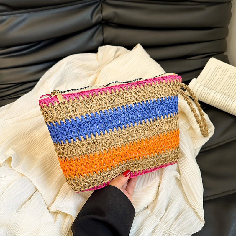 Women's Medium Straw Color Block Solid Color Basic Beach Weave Square Zipper Straw Bag