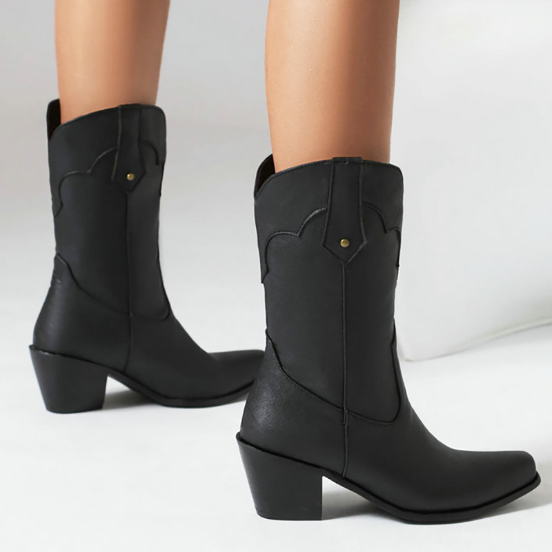 Retro Stitching V Groove Chunky Heels Western Boots