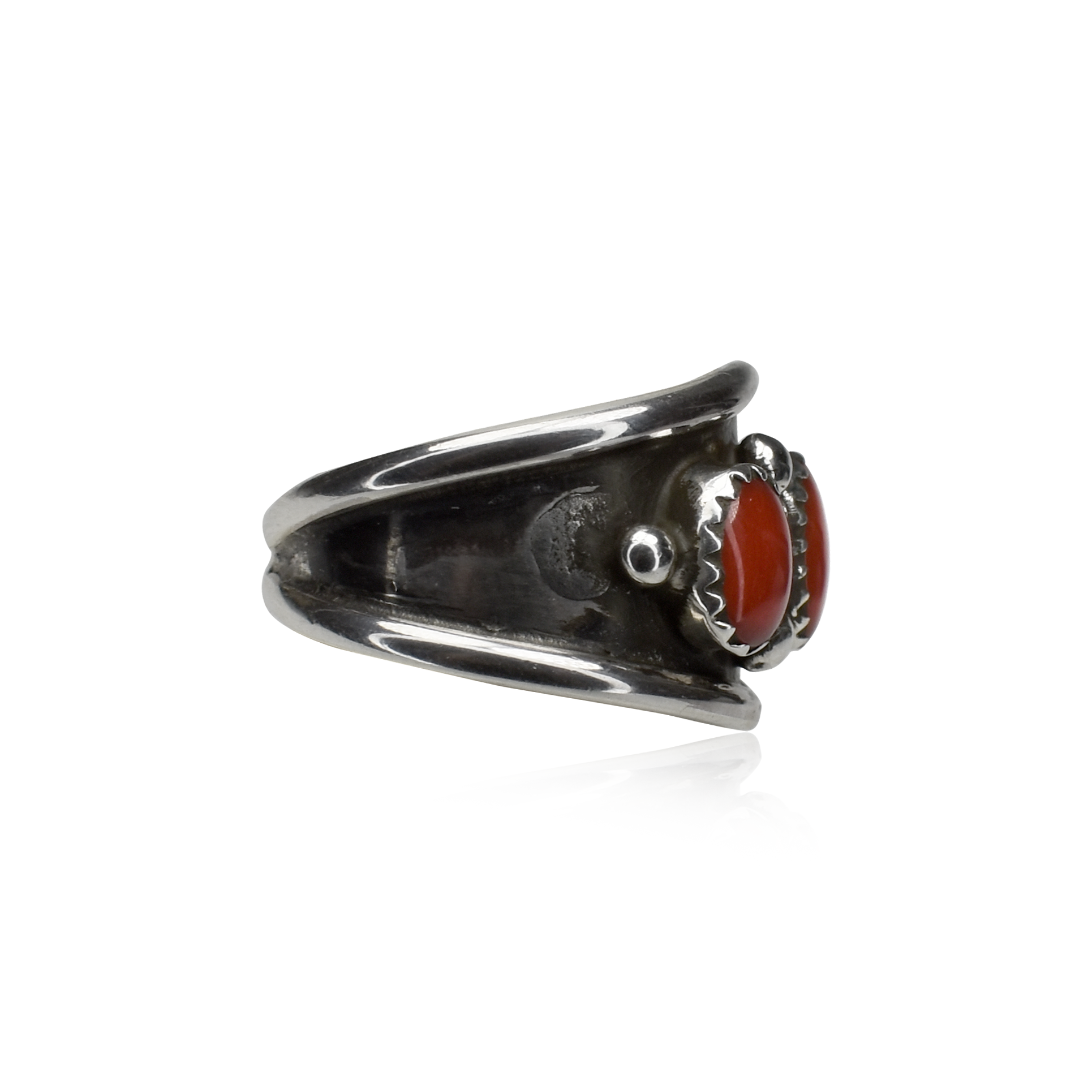 Three Coral Stone Band Ring with Silver Beads