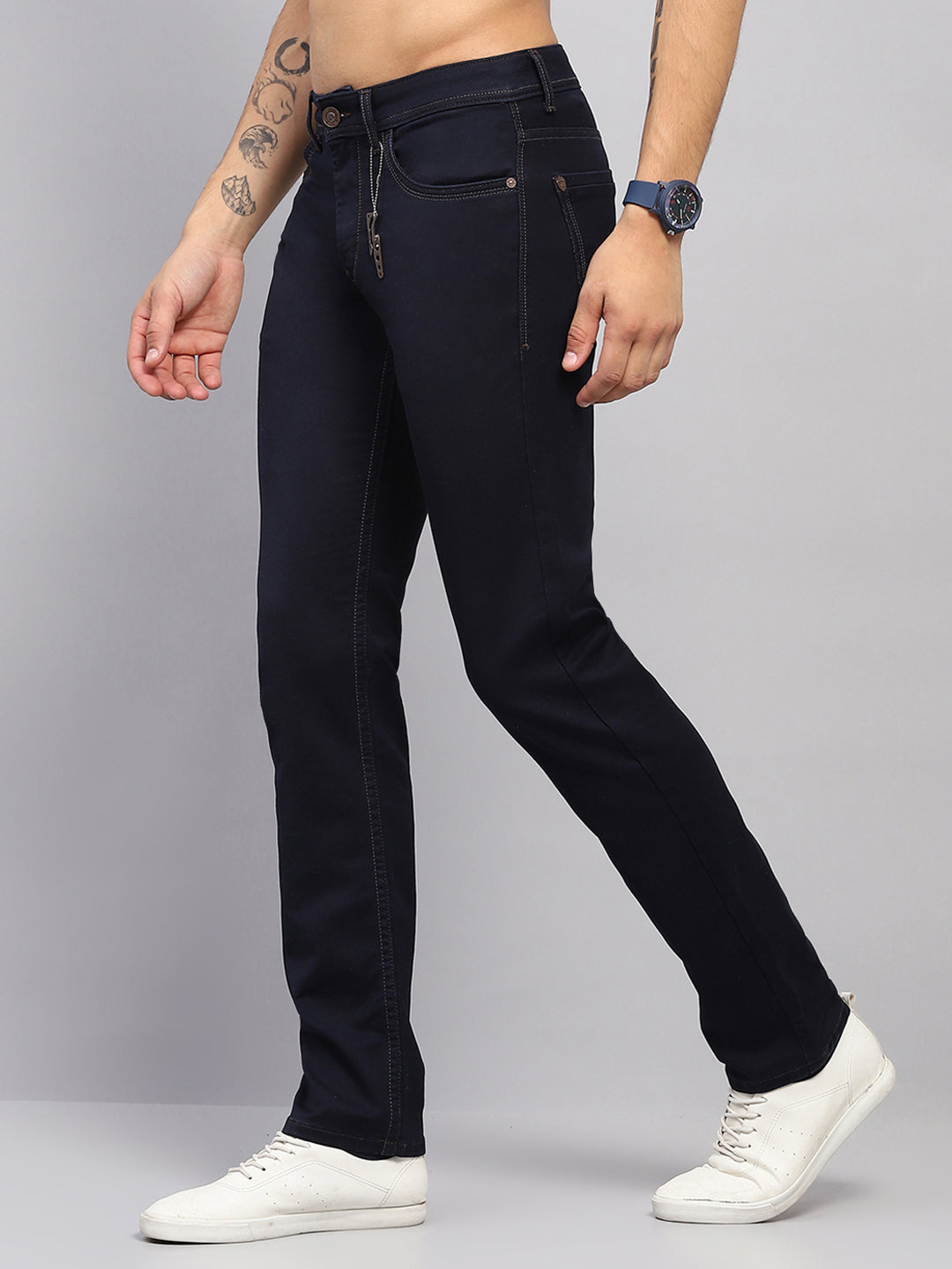 Men Navy Blue Solid Narrow Fit Denim