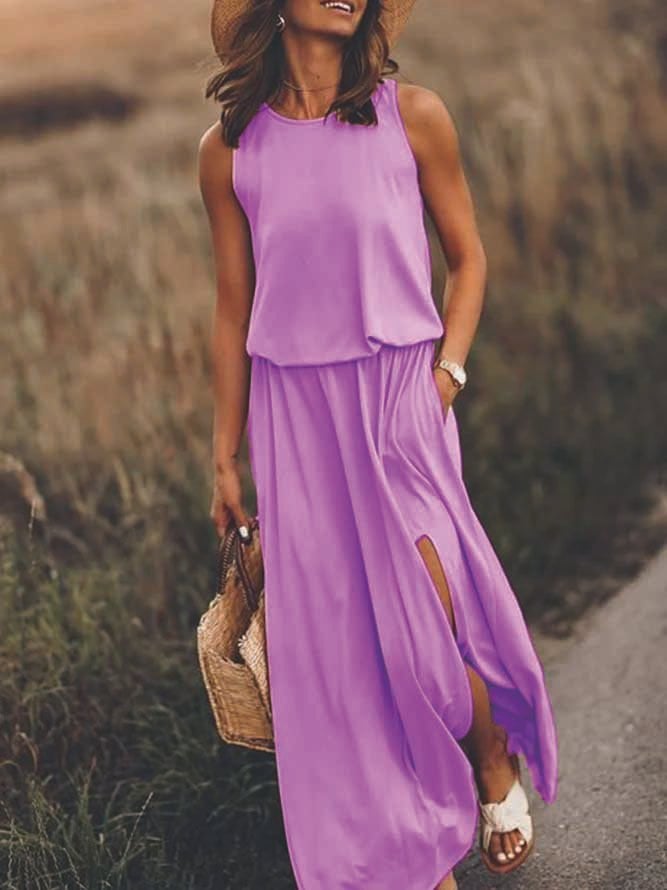 🔥Summer Hot Sales - 49% OFF👗Women Sleeveless Solid Round Neck Summer Maxi Dress