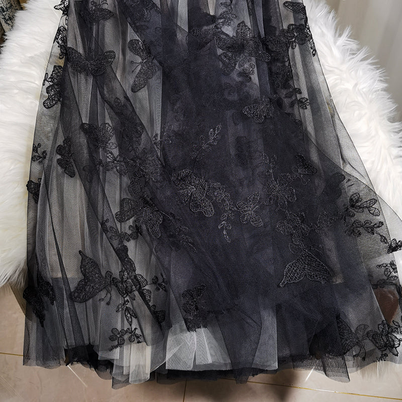 Elegant Black Embroideried Butterfly tulle High Waist Summer Skirts