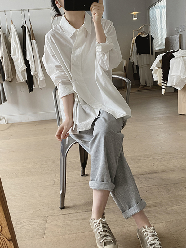 Irregular Clipping Long Sleeves Lace-Up Solid Color Lapel Blouses
