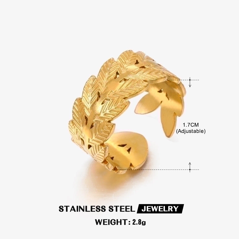 304 Stainless Steel 18K Gold Plated Minimalist Plating Leaf Open Ring