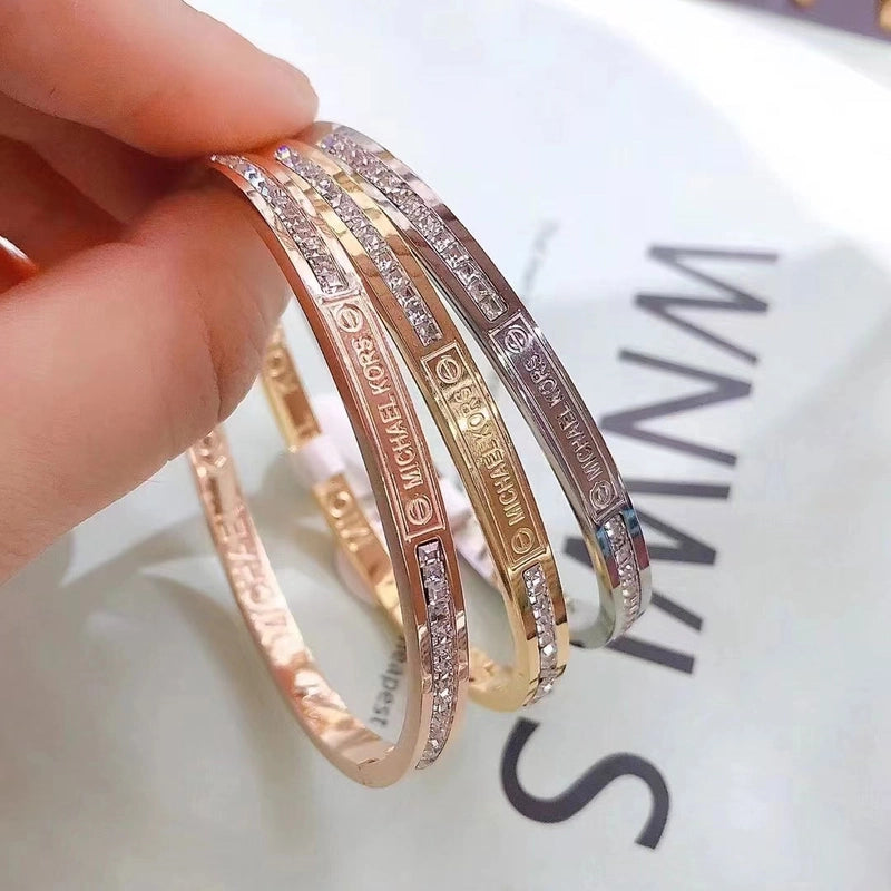 Minimalist Roman Style Round Titanium Steel Inlay Zircon Bangle