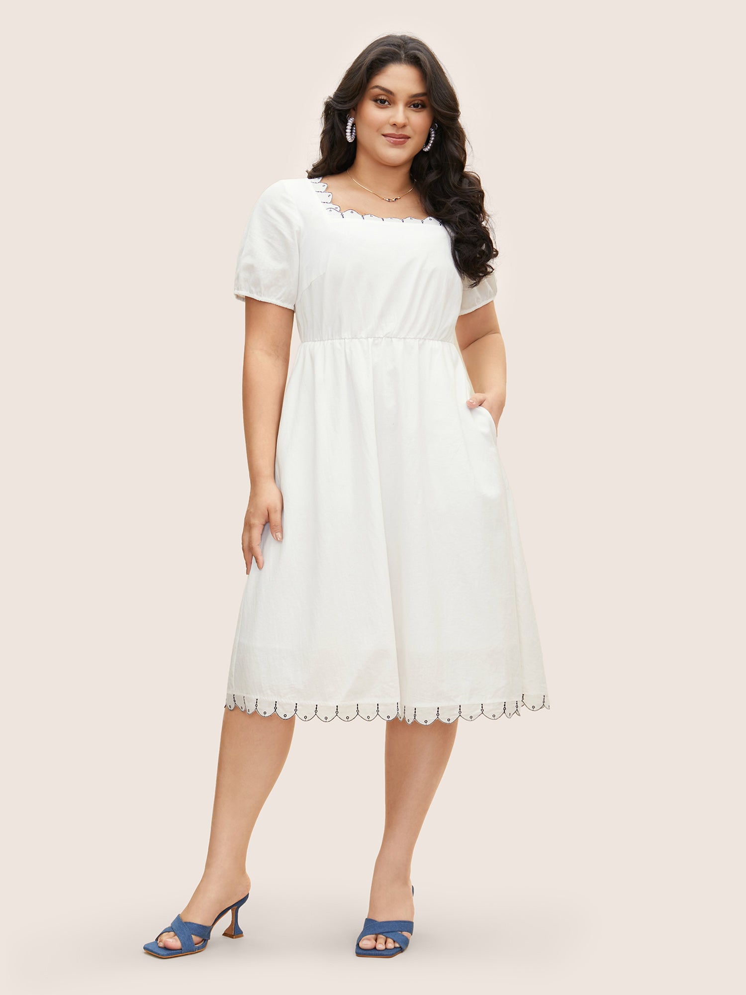 Cotton Lace collar Lantern Sleeve Midi Dress