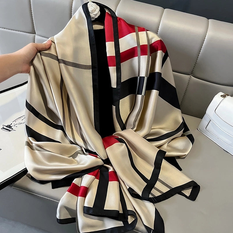 Simple Plaid Silk Scarf Elegant Shawl Spring And Summer Elegant Sunscreen Silk Scarf Women