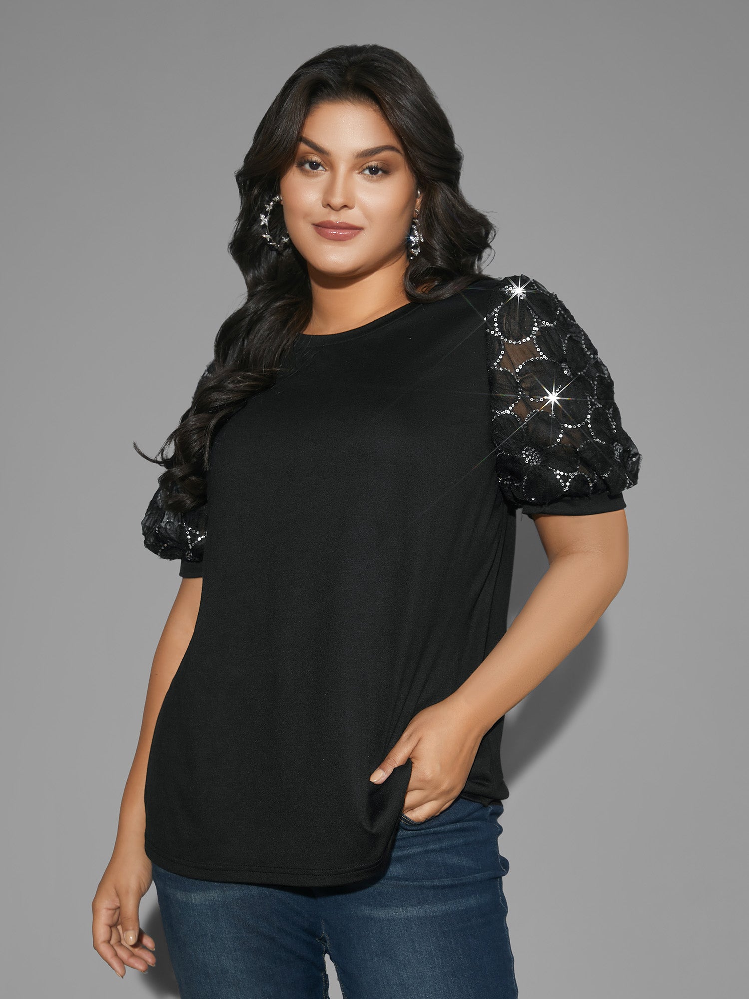 Floral Sequin Mesh Round Neck T-shirt