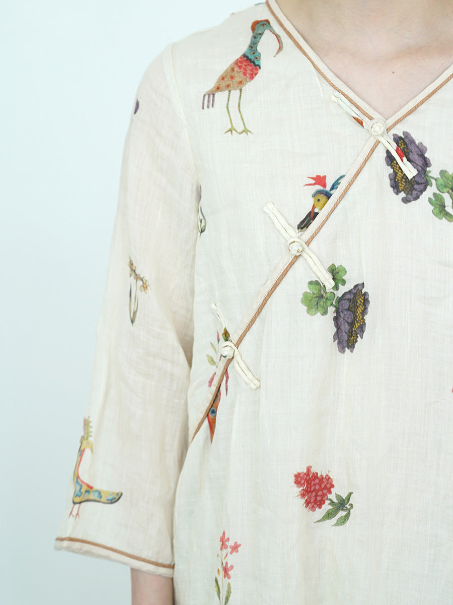 Women Summer Artsy Flower  V-Neck 100%Ramie Dress