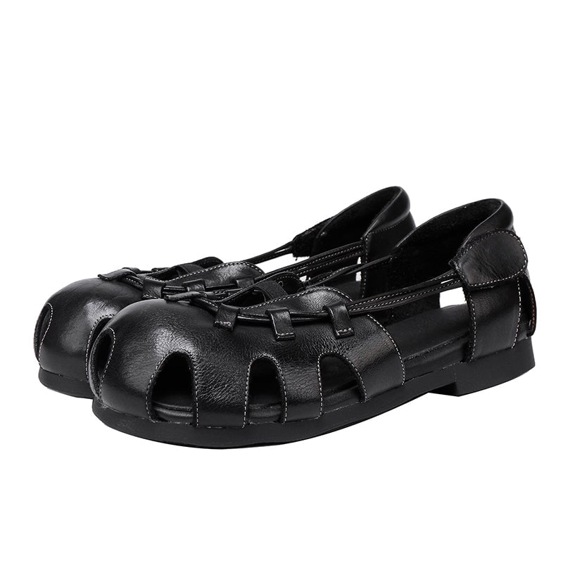 Breathable Fashion Design Round Toe Hollow-Out Leather Sandals with Velcro Strap in Red/Black