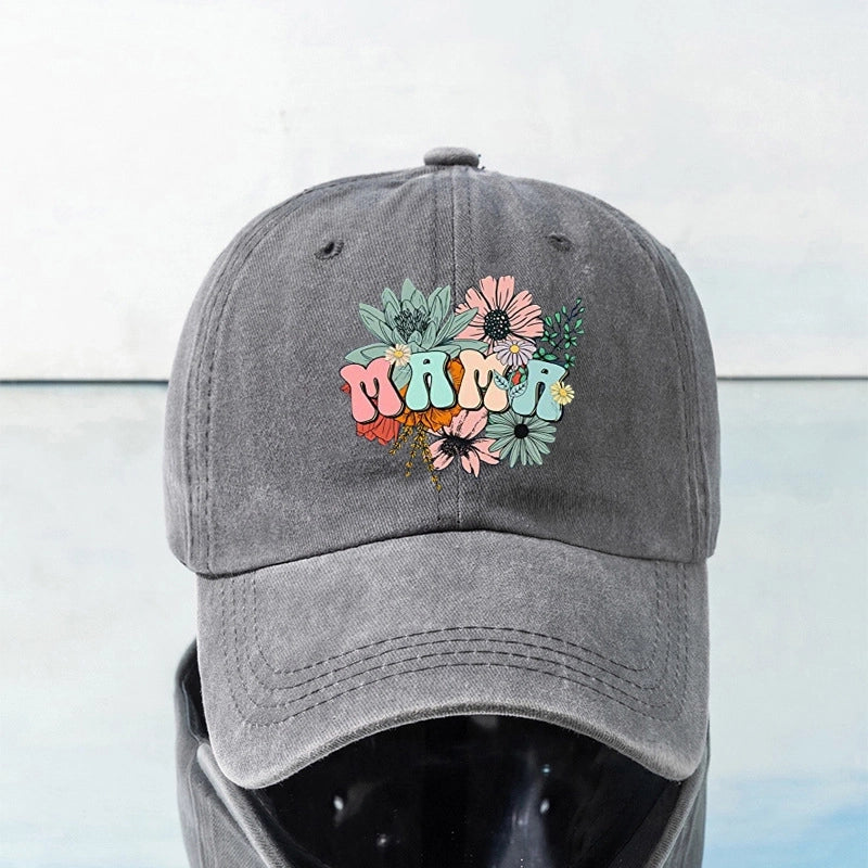 New Vintage Personalized Fashion Men's And Women's Letter Printing Flower MAMA Washed Baseball Cap Outdoor Casual Duck Tongue