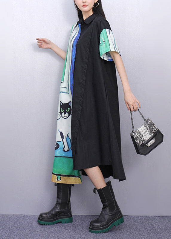 Natural Asymmetrical Peter Pan Collar Print Cotton Maxi Dresses Summer