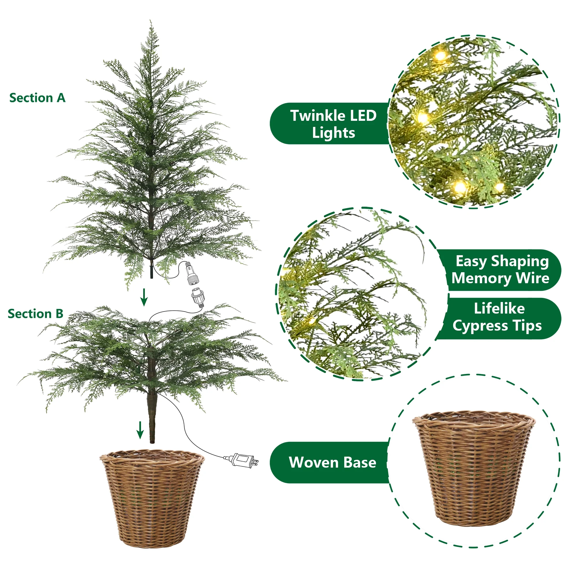 ✨Buy 2 Free Shipping💝4' Pre-Lit Green Cypress Artificial Christmas Potted Tree with 100 Warm White Twinkle LED Lights