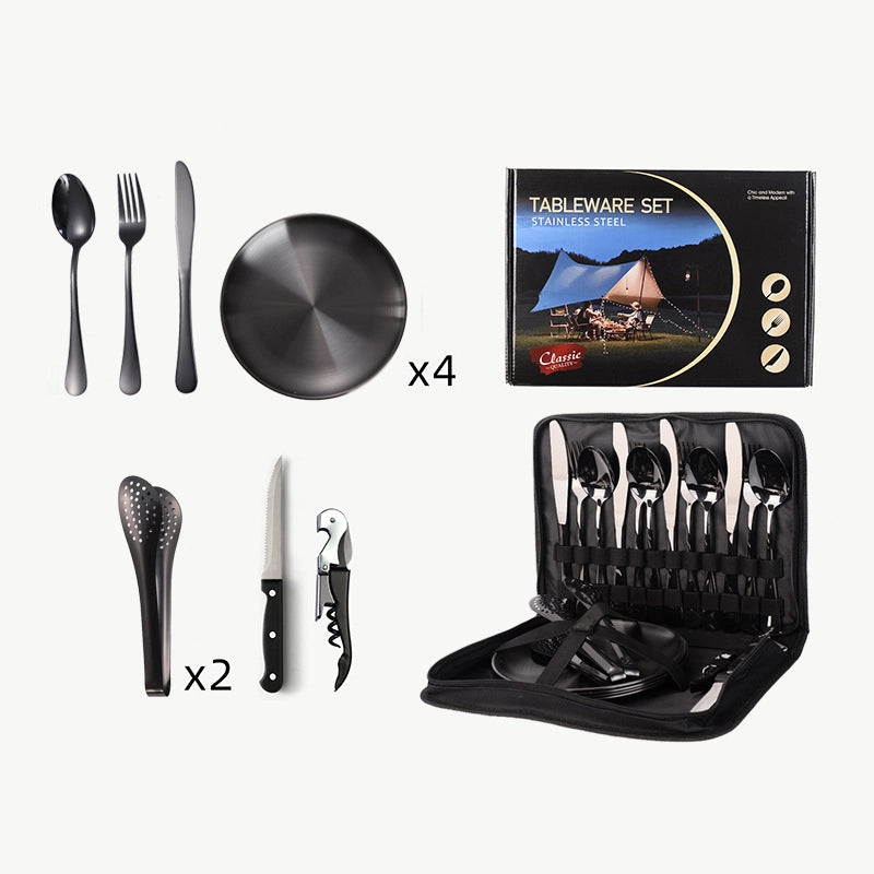 Outdoor Travel Stainless Steel Tableware Camping Picnic Barbecue Plate Clip Steak Knife. Fork And Spoon Suit Portable Storage Bag