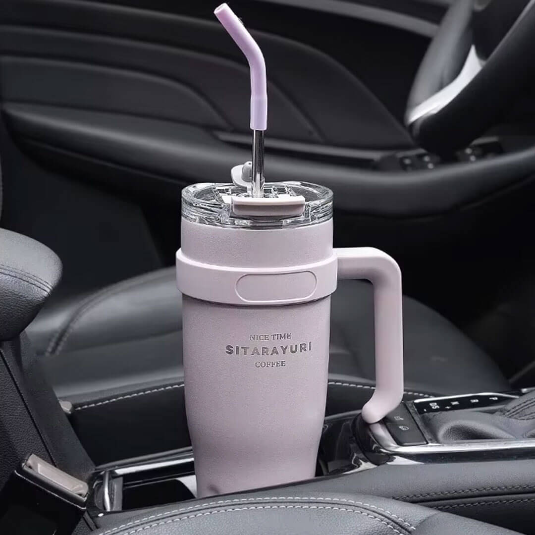 Stainless Steel Car Cup with Handle & Straw