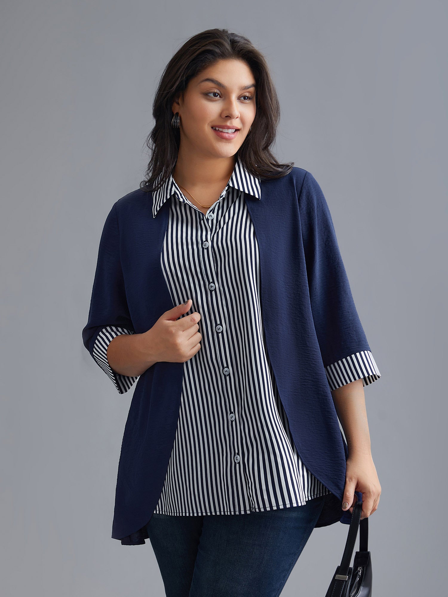 Shirt Collar Patchwork Striped Blouse