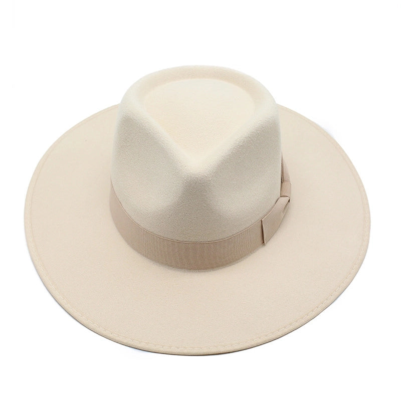 Autumn And Winter Wool Beige Wrapping Large Brim Jazz Top Hat Men's And Women's Bow Drop Top Jazz Hat Felt Hat