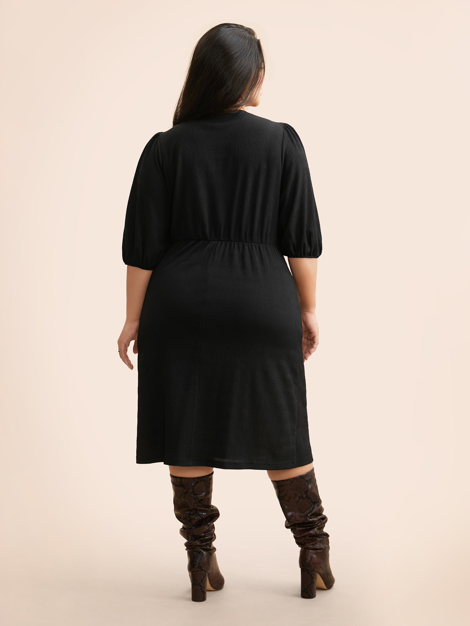 Texture Button Up Puff Sleeve Dress