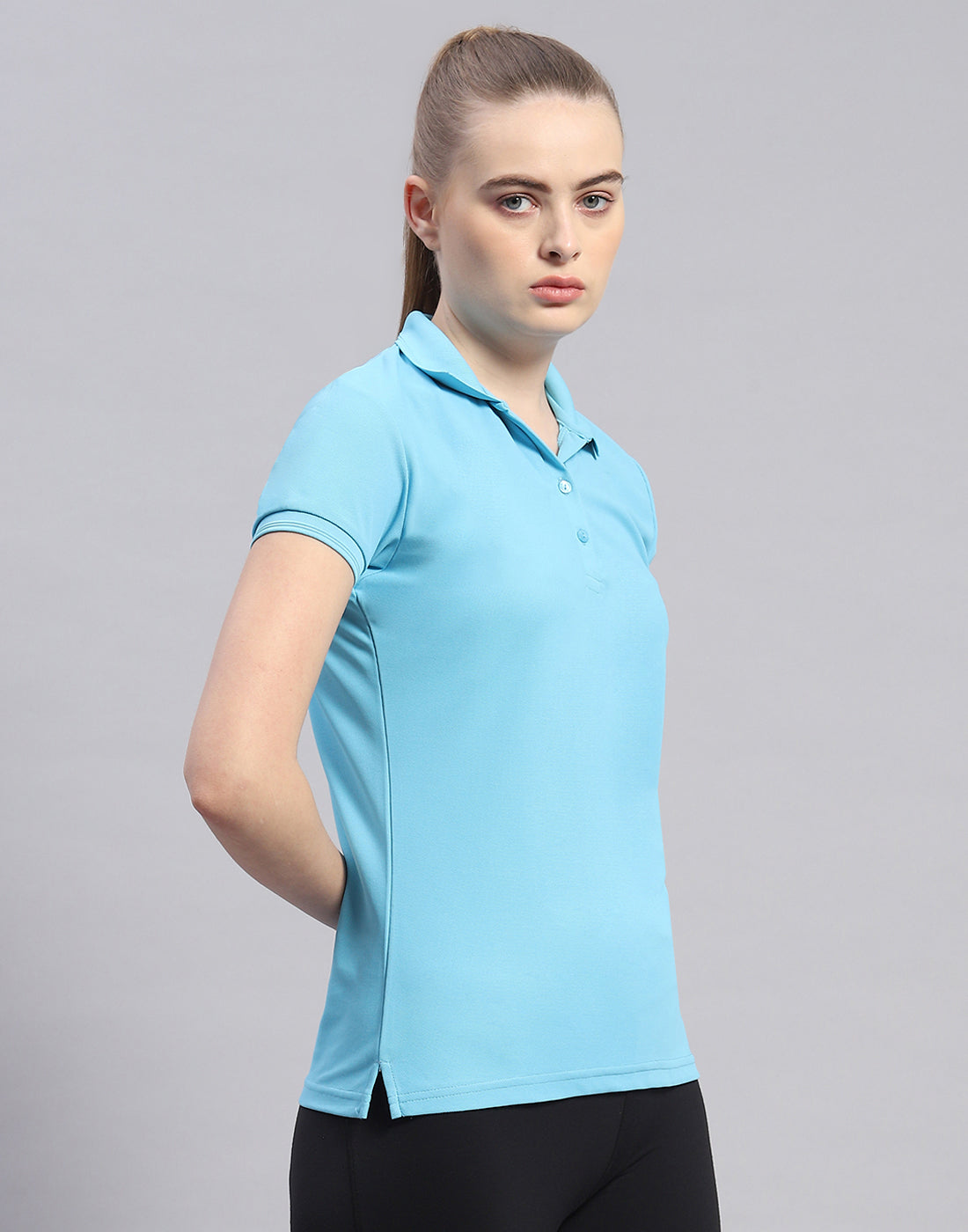 Women Blue Solid Polo Collar Half Sleeve T-Shirt