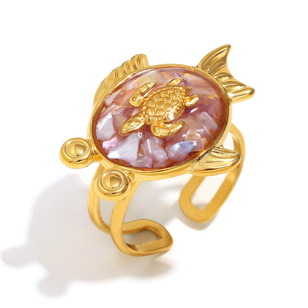 Niche Trend Stainless Steel 18K Gold Plated Cross Line Fishbone Flower Crab Turtle Open Ring