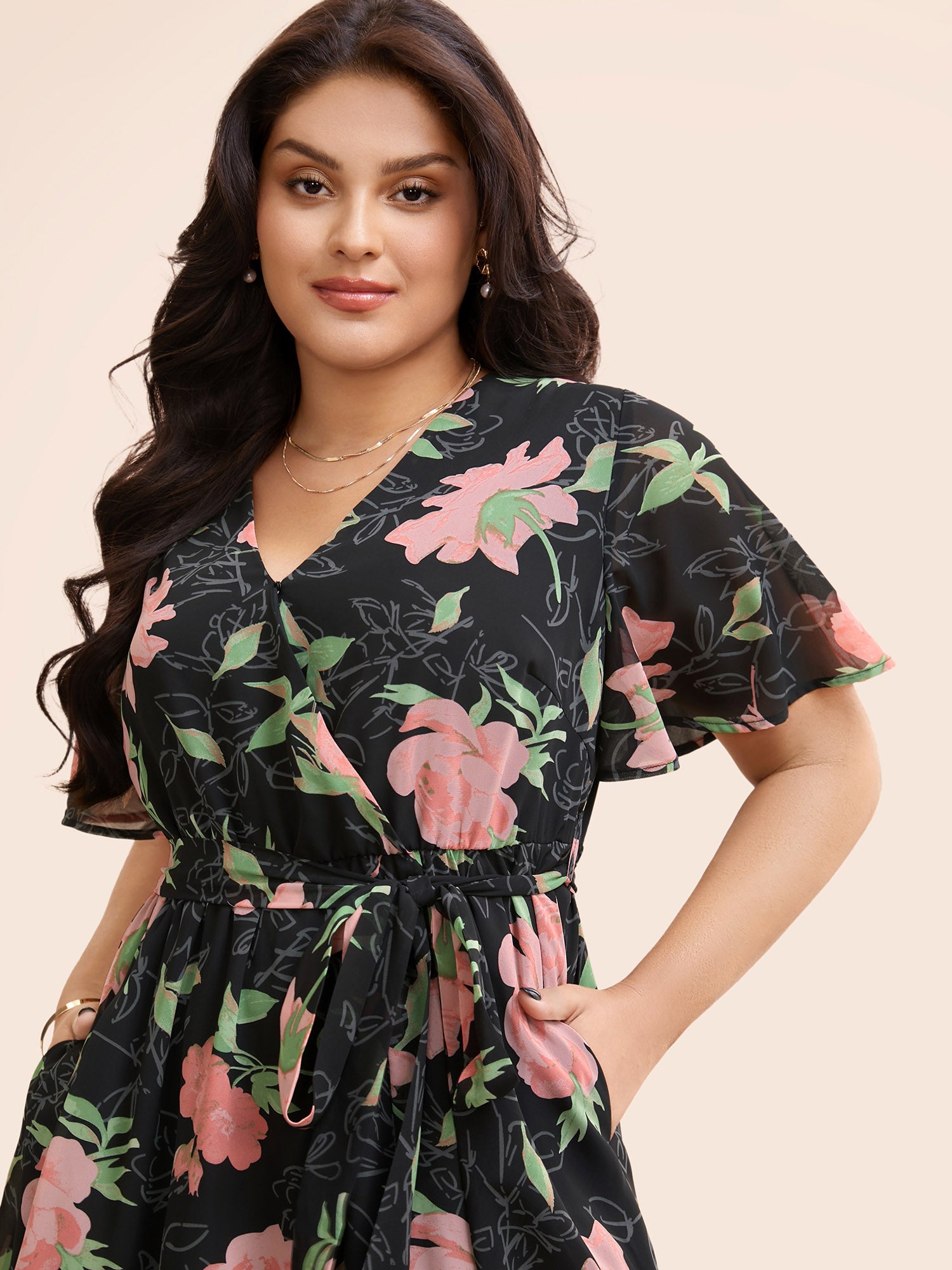 Overlap Collar Floral Split Hem Dress