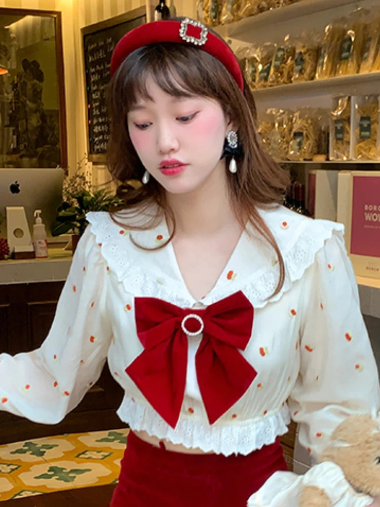 Kawaii Polka Dot Blouse With Sailor Collar And Red Bow