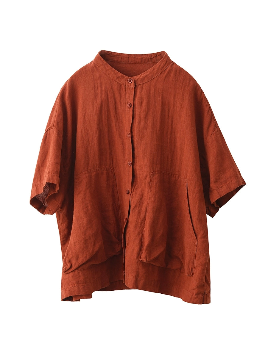 Women Summer Pure Color Stand Collar 100%Linen Shirt