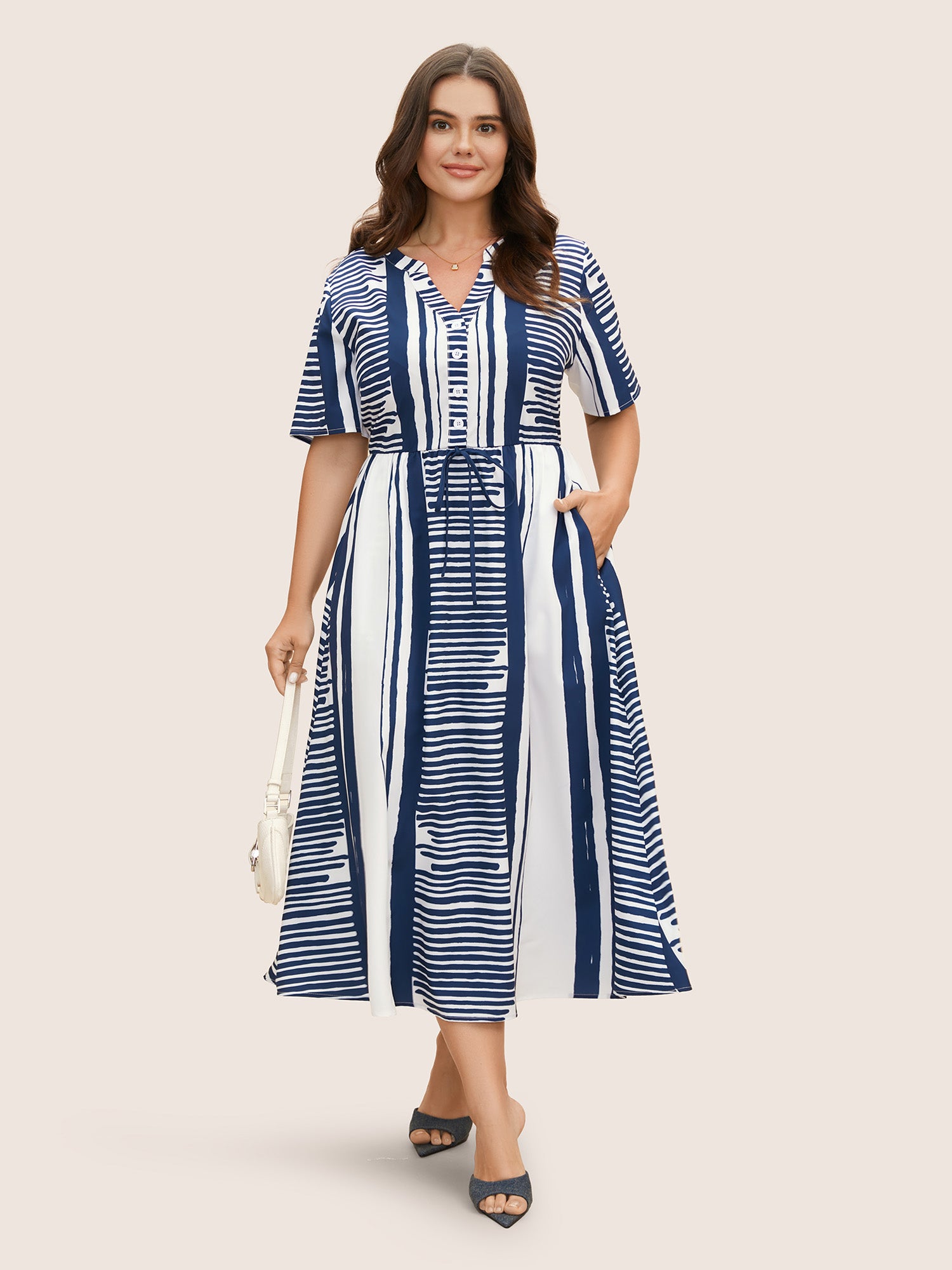 Notched Collar Striped Patchwork Drawstring Dress