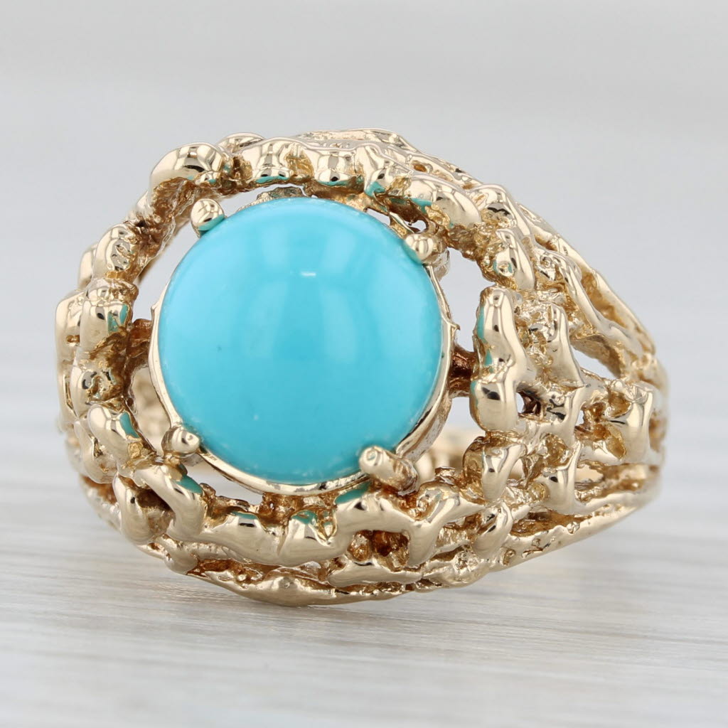 Simulated Turquoise Ring 14k Gold Round Cabochon Size 6.5 Ornate Openwork