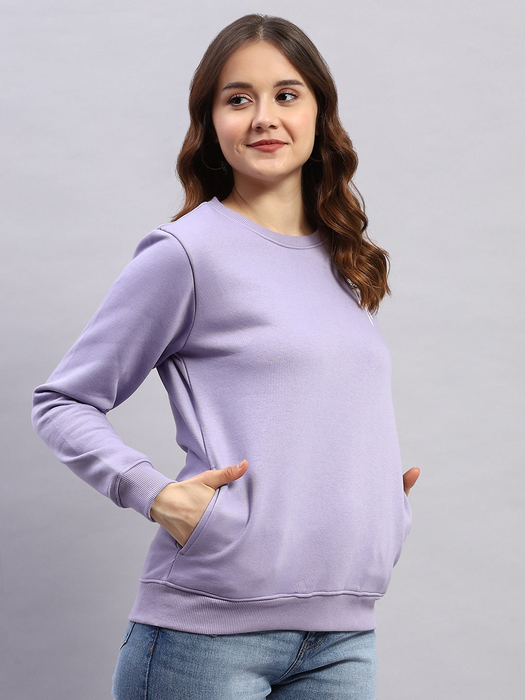 Women Purple Printed Round Neck Full Sleeve Sweatshirt