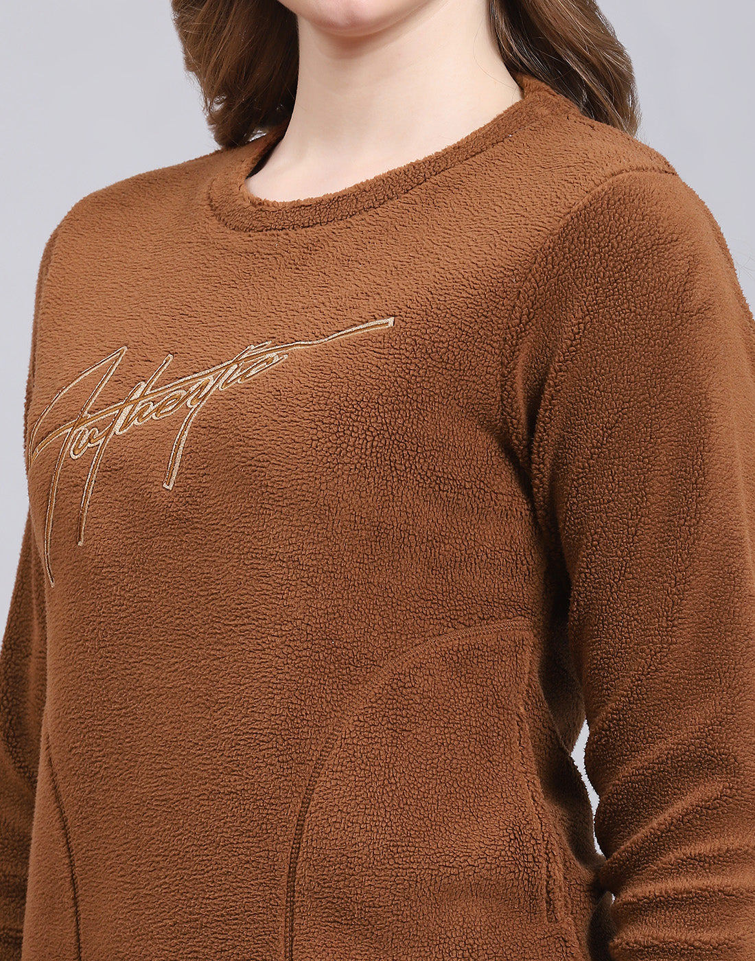 Women Brown Embroidered Round Neck Full Sleeve Sweatshirt