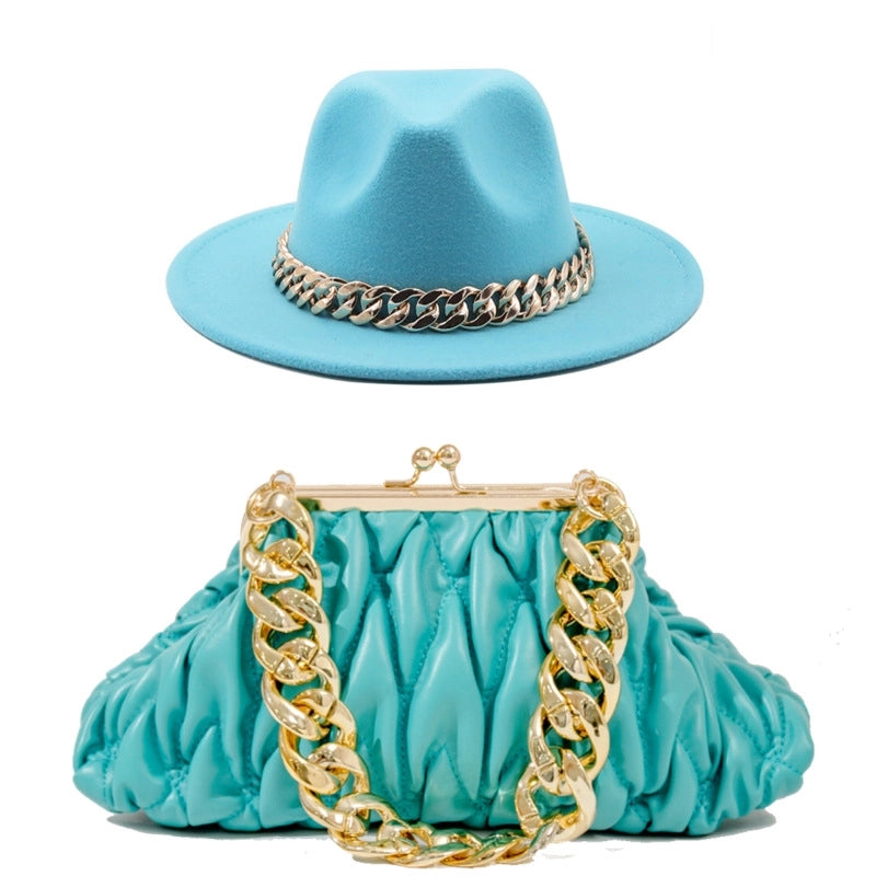 Women's British Style Solid Color Chain Flat Eaves Fedora Hat