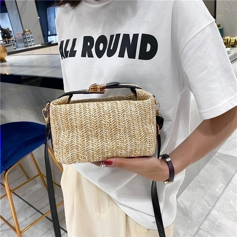 Women's Small Straw Solid Color Elegant Classic Style Square Lock Clasp Shoulder Bag Crossbody Bag Straw Bag