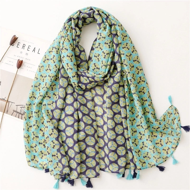 Yarn Cotton Fruit Green Bright Yellow Leaf Printing Tassel Scarf Shawl