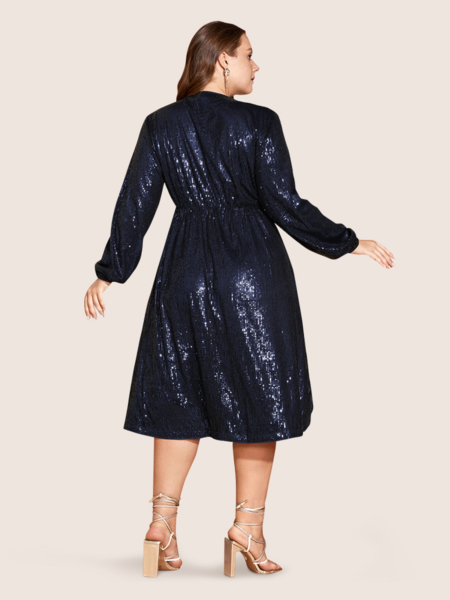 Solid Pocket Lantern Sleeve Wrap Sequin Dress